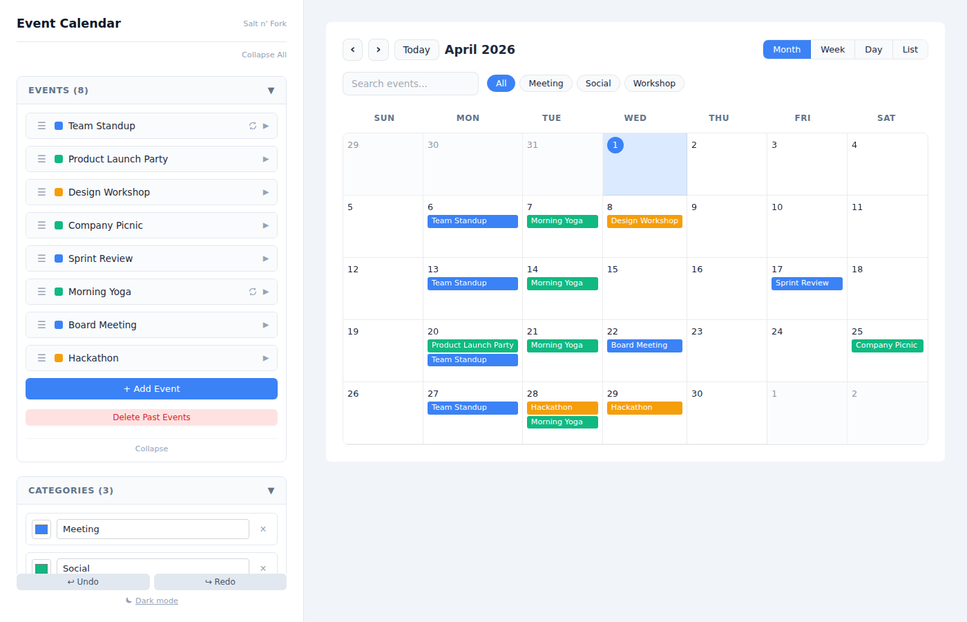 Event Calendar Widget admin panel showing event editor with category filters, color-coded tags, recurring event settings, and live calendar preview