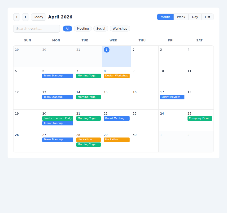 Event calendar rendered with monthly view showing color-coded events, category filter chips, and event detail modal