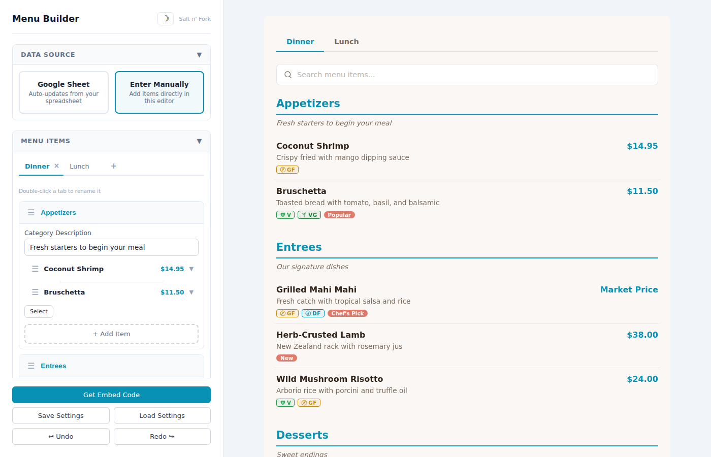 Restaurant Menu Widget admin panel showing menu builder with categories, items, dietary tags, and live preview with Dinner and Lunch tabs
