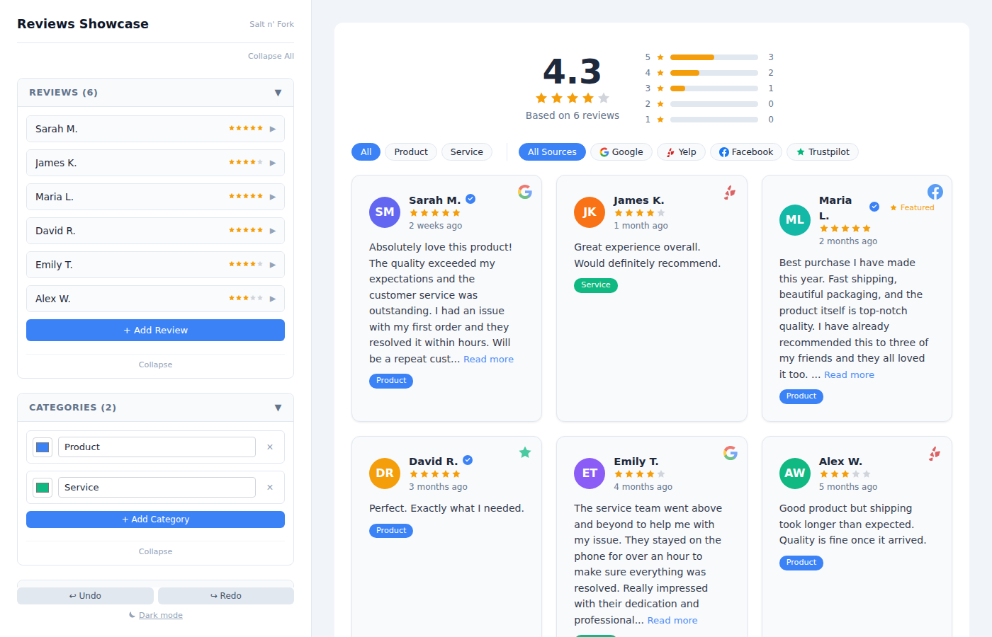 Reviews Showcase Widget admin panel showing review editor with star ratings, source badges, category filters, and live grid preview with aggregate rating header